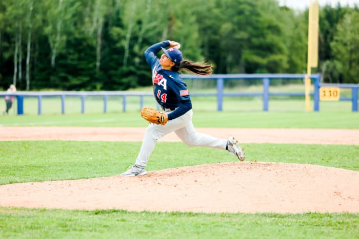 Kelsie Whitmore pitches for United States women’s national baseball team in the fifth game of the Friendship Series vs. Canada.